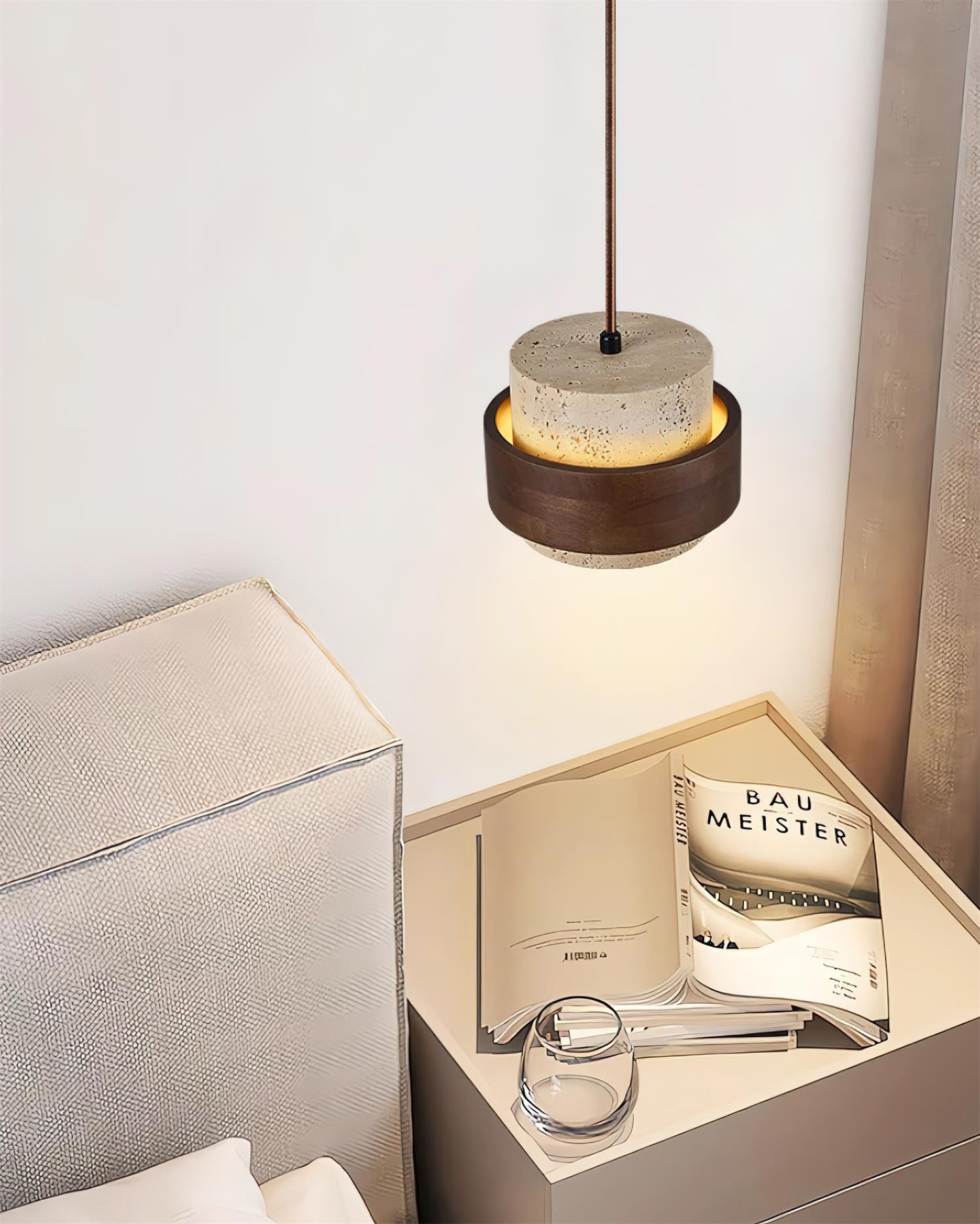 Pendant Light Travertine Stone Shade 6.7 in Ambient Walnut Wood Dining Room Kitchen Island Hanging Lamp | Thomler