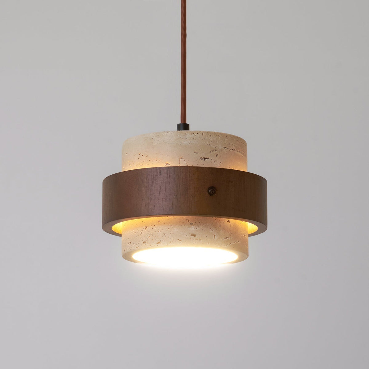 Travertine Stone Pendant Light with Walnut Wood Accent Band – Natural Cylindrical Hanging Fixture for Kitchen & Dining | Thomler
