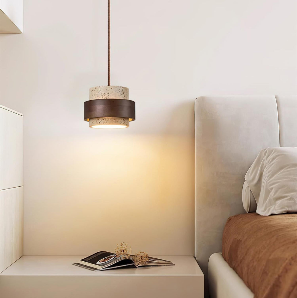 Travertine Stone Pendant Light with Walnut Wood Accent Band – Natural Cylindrical Hanging Fixture for Kitchen & Dining | Thomler