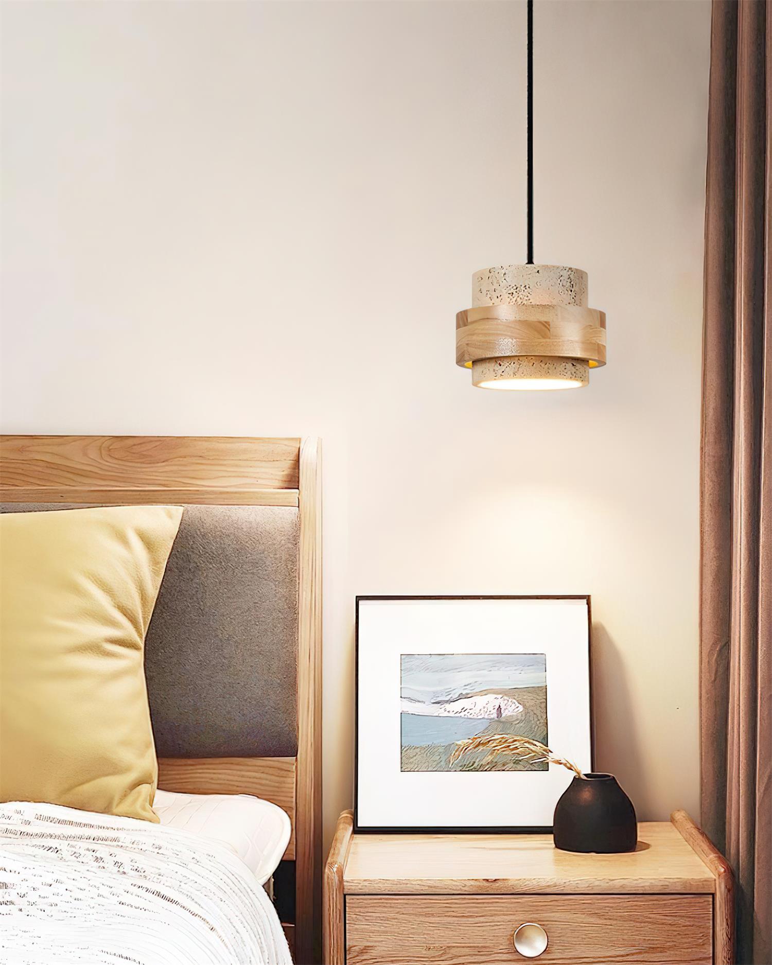 Pendant Light Travertine Stone Shade 6.7 in Ambient Walnut Wood Dining Room Kitchen Island Hanging Lamp | Thomler