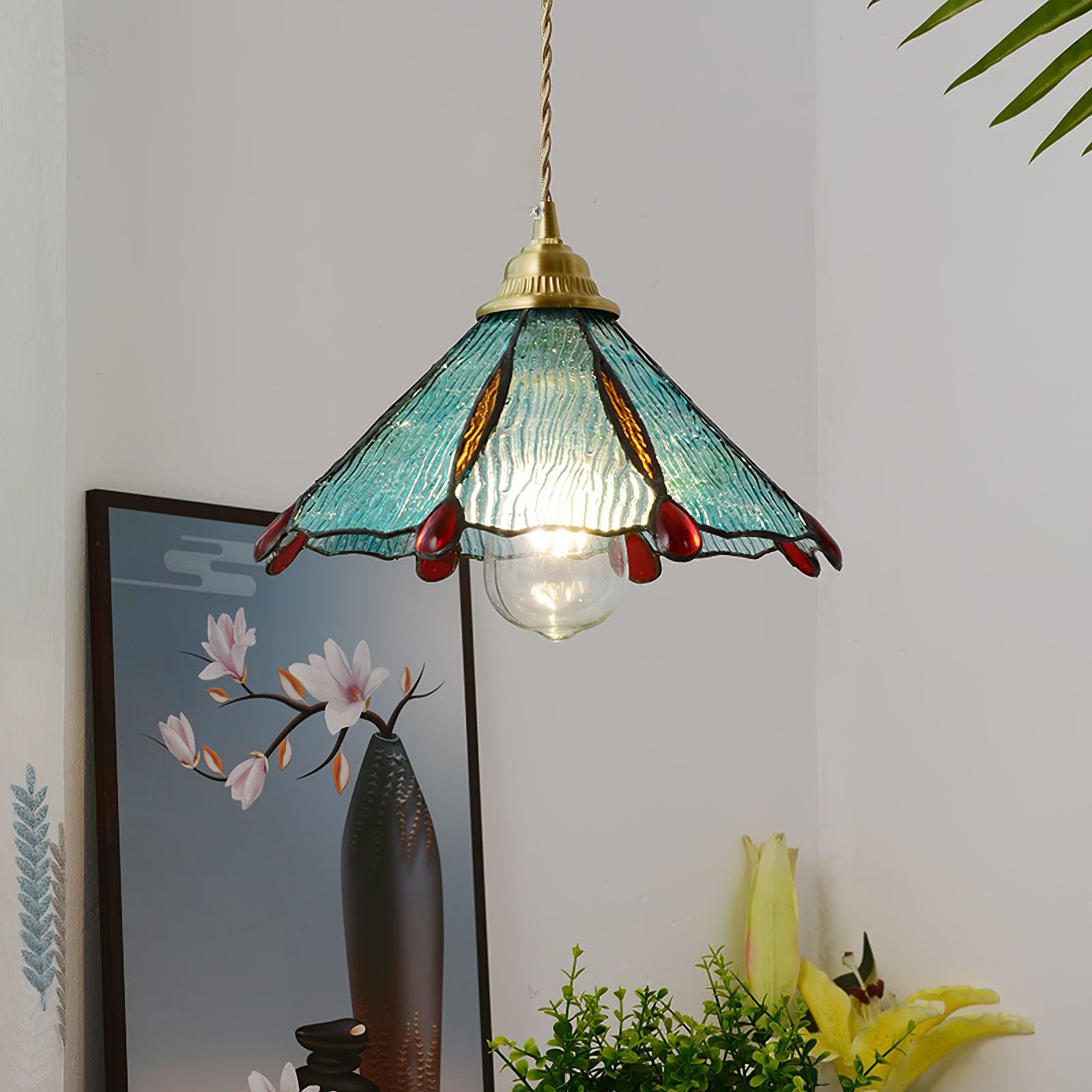 Pendant Light Stained Glass Cone 10.6 in Adjustable Kitchen Dining Room Hanging Lamp | Thomler