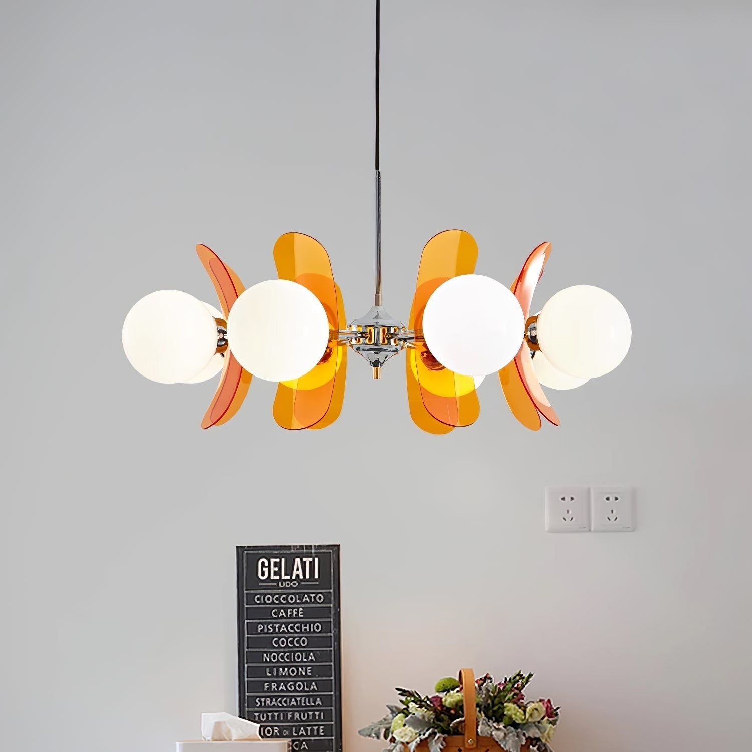 Pendant Light Chrome Glass 60.0 cm Orange Dining Room Sputnik Ceiling Fixture Modern Hanging Lamp | Thomler