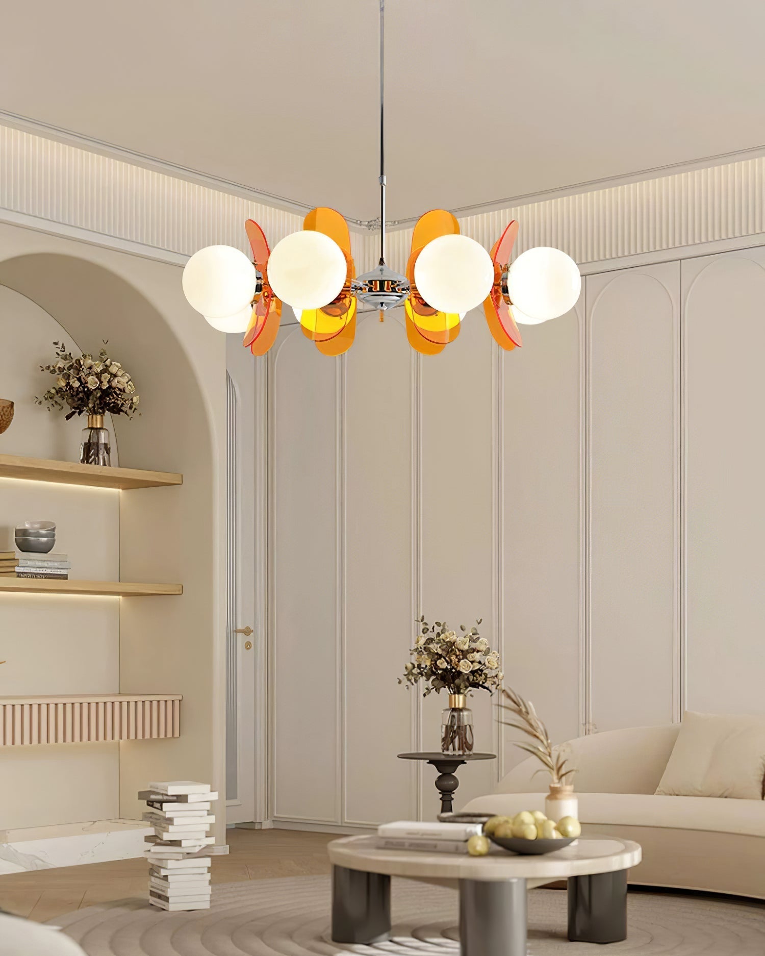 Pendant Light Chrome Glass 60.0 cm Orange Dining Room Sputnik Ceiling Fixture Modern Hanging Lamp | Thomler