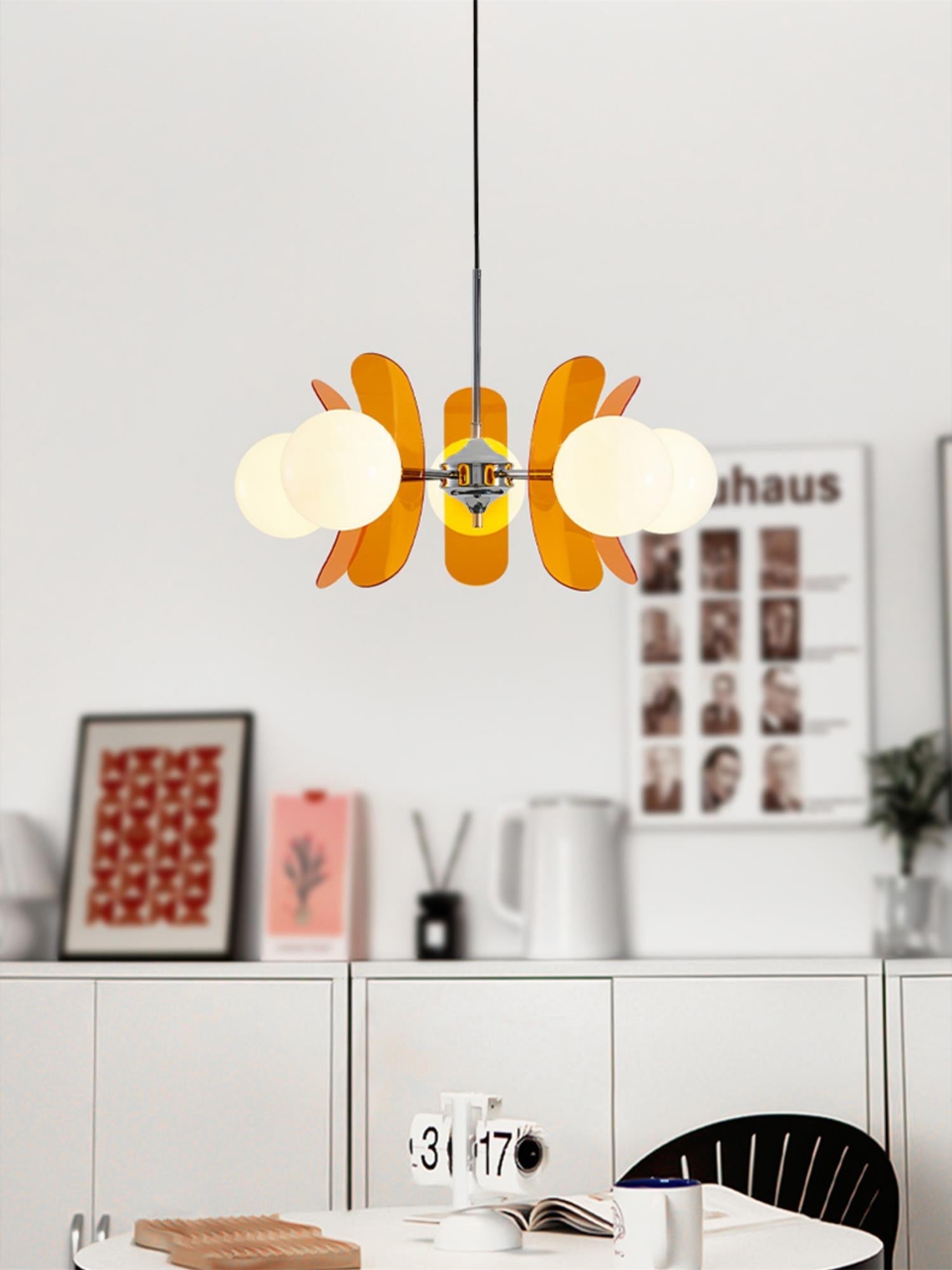 Pendant Light Chrome Glass 60.0 cm Orange Dining Room Sputnik Ceiling Fixture Modern Hanging Lamp | Thomler