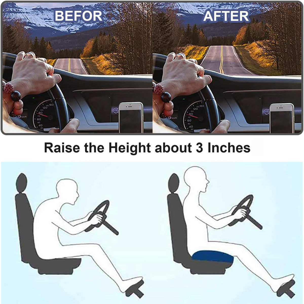 Memory Foam Car Seat Booster Cushion – Elevates Height for Better Road View & Posture Support | Thomler