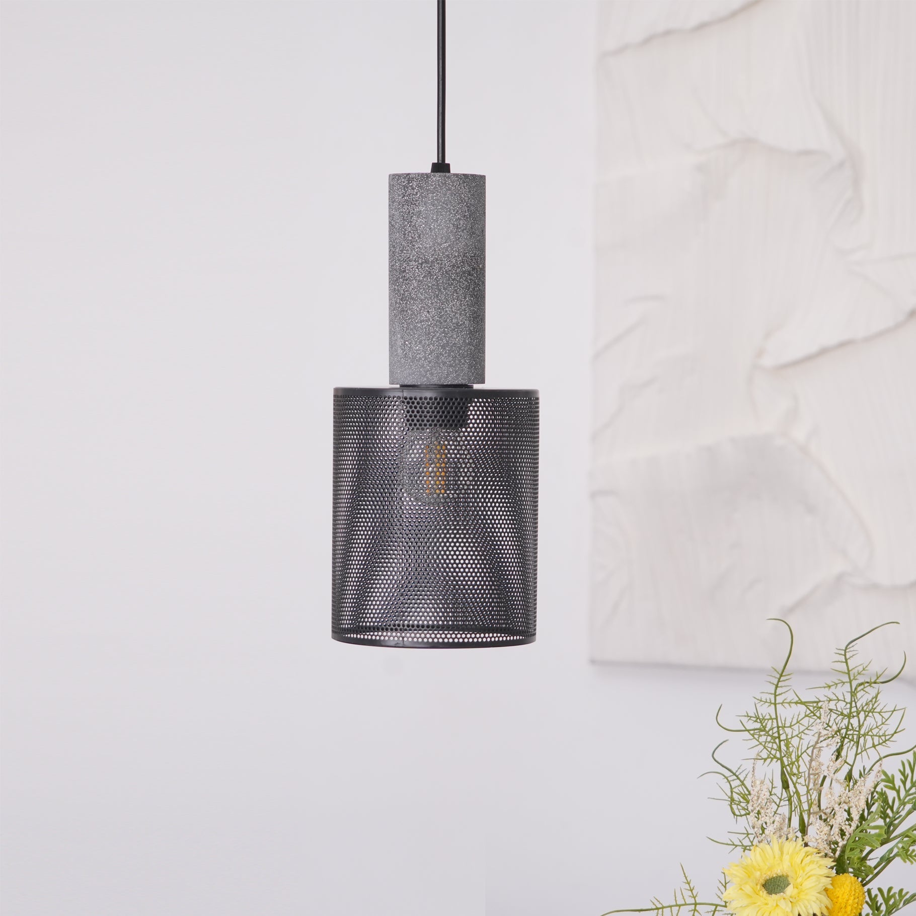 Pendant Light Cement Metal 9.8 in Adjustable Indoor Ceiling Lamp Black Grey Dining Kitchen Bedroom Accent | Thomler