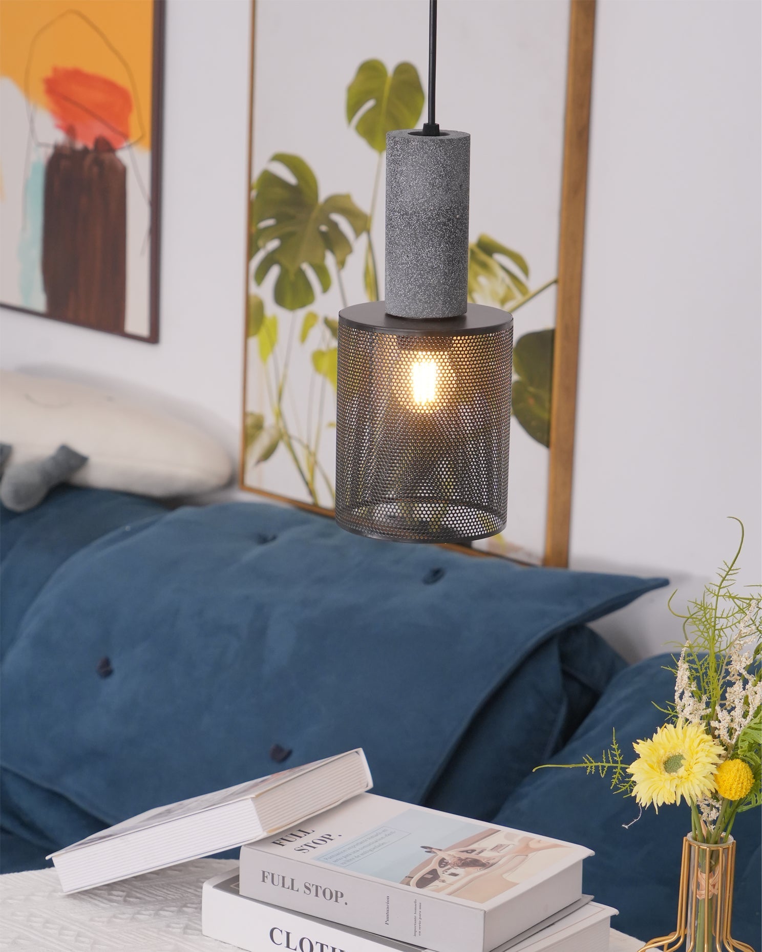 Pendant Light Cement Metal 9.8 in Adjustable Indoor Ceiling Lamp Black Grey Dining Kitchen Bedroom Accent | Thomler