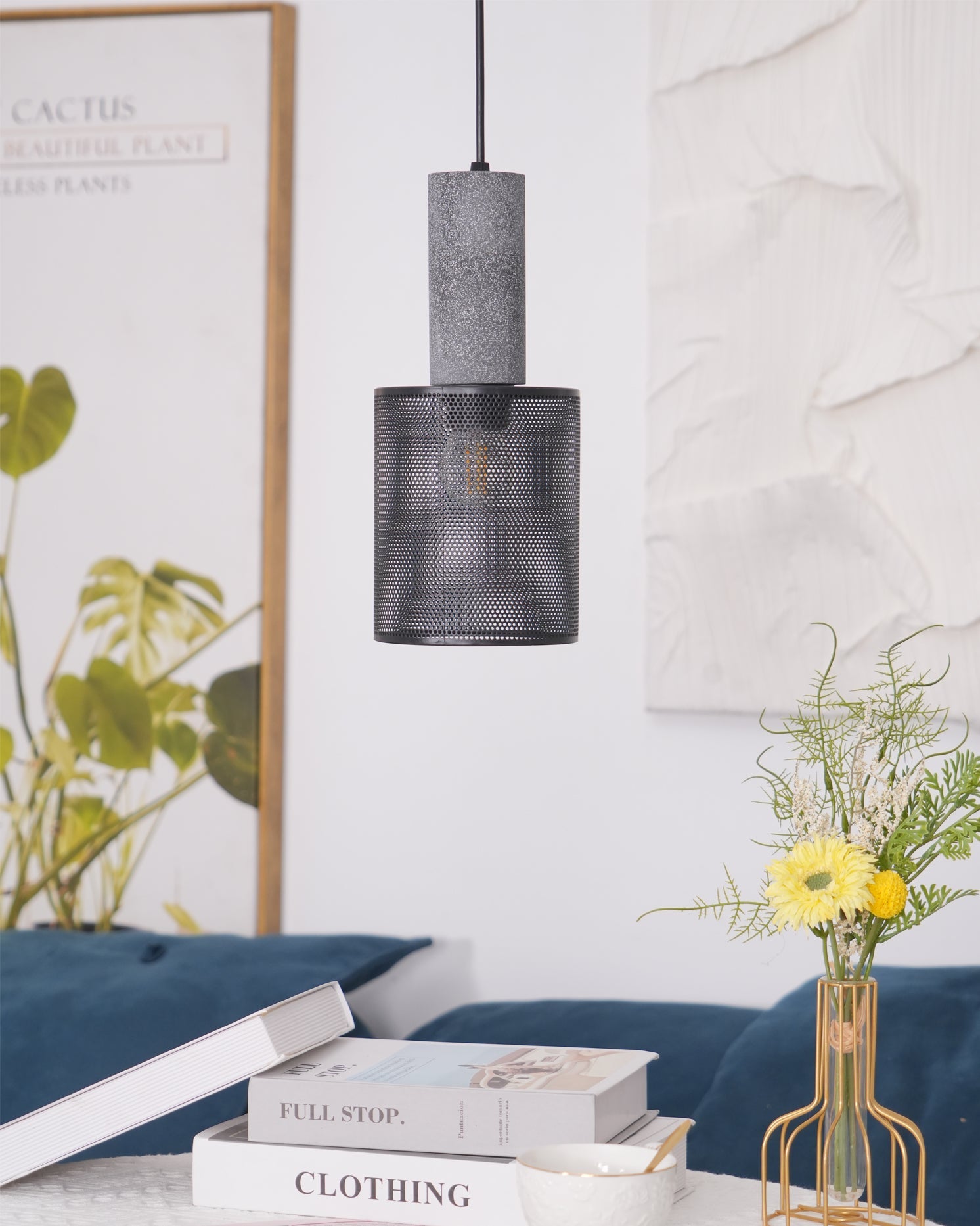 Pendant Light Cement Metal 9.8 in Adjustable Indoor Ceiling Lamp Black Grey Dining Kitchen Bedroom Accent | Thomler