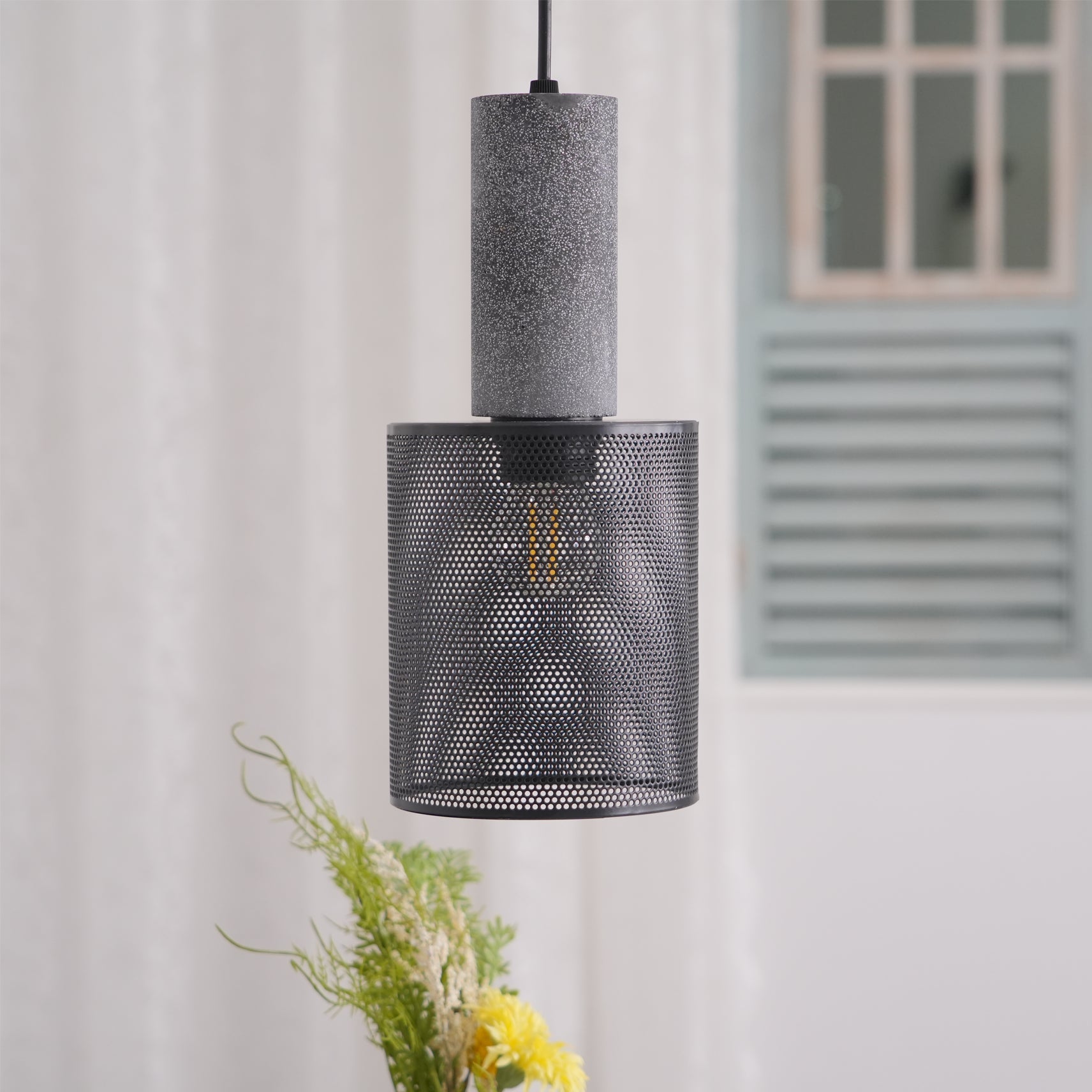 Pendant Light Cement Metal 9.8 in Adjustable Indoor Ceiling Lamp Black Grey Dining Kitchen Bedroom Accent | Thomler