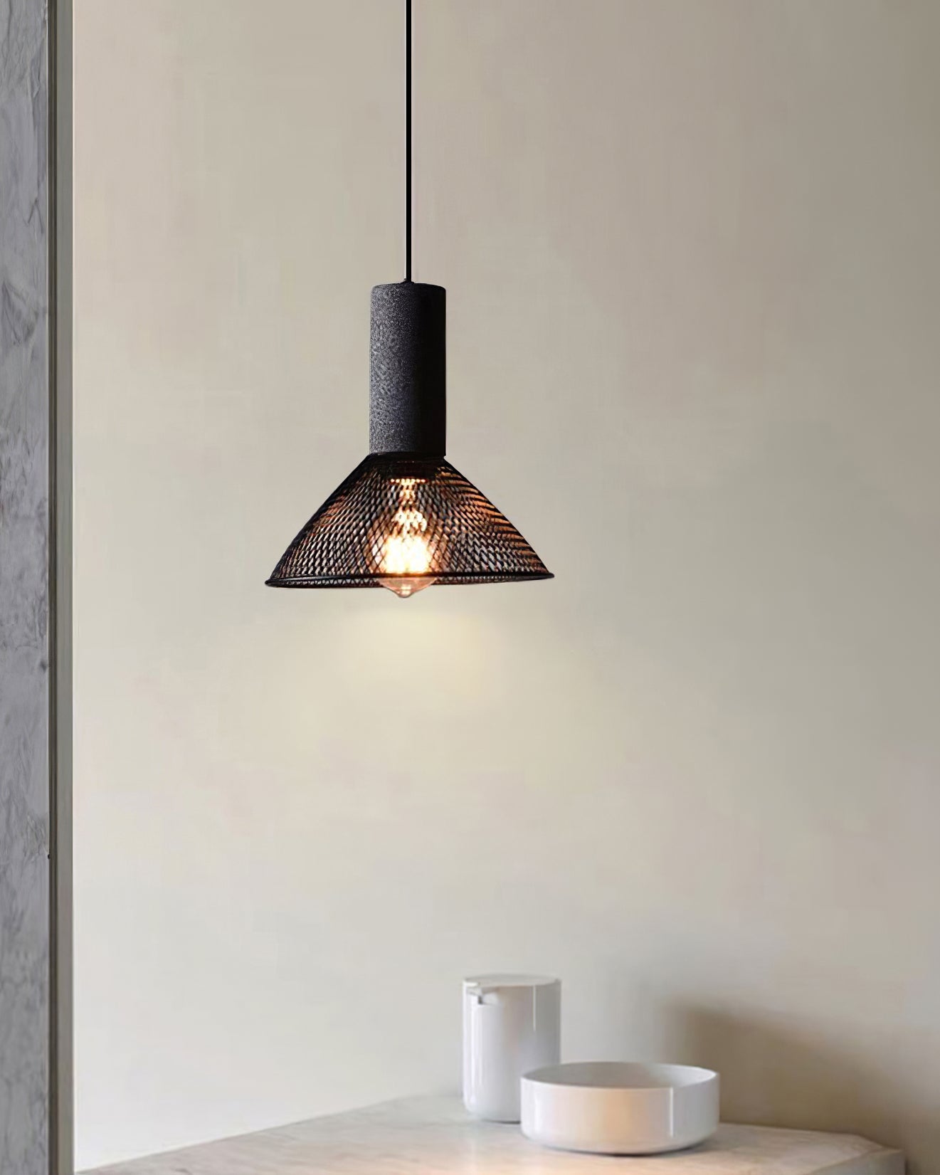 Pendant Light Cement Metal 9.8 in Adjustable Indoor Ceiling Lamp Black Grey Dining Kitchen Bedroom Accent | Thomler