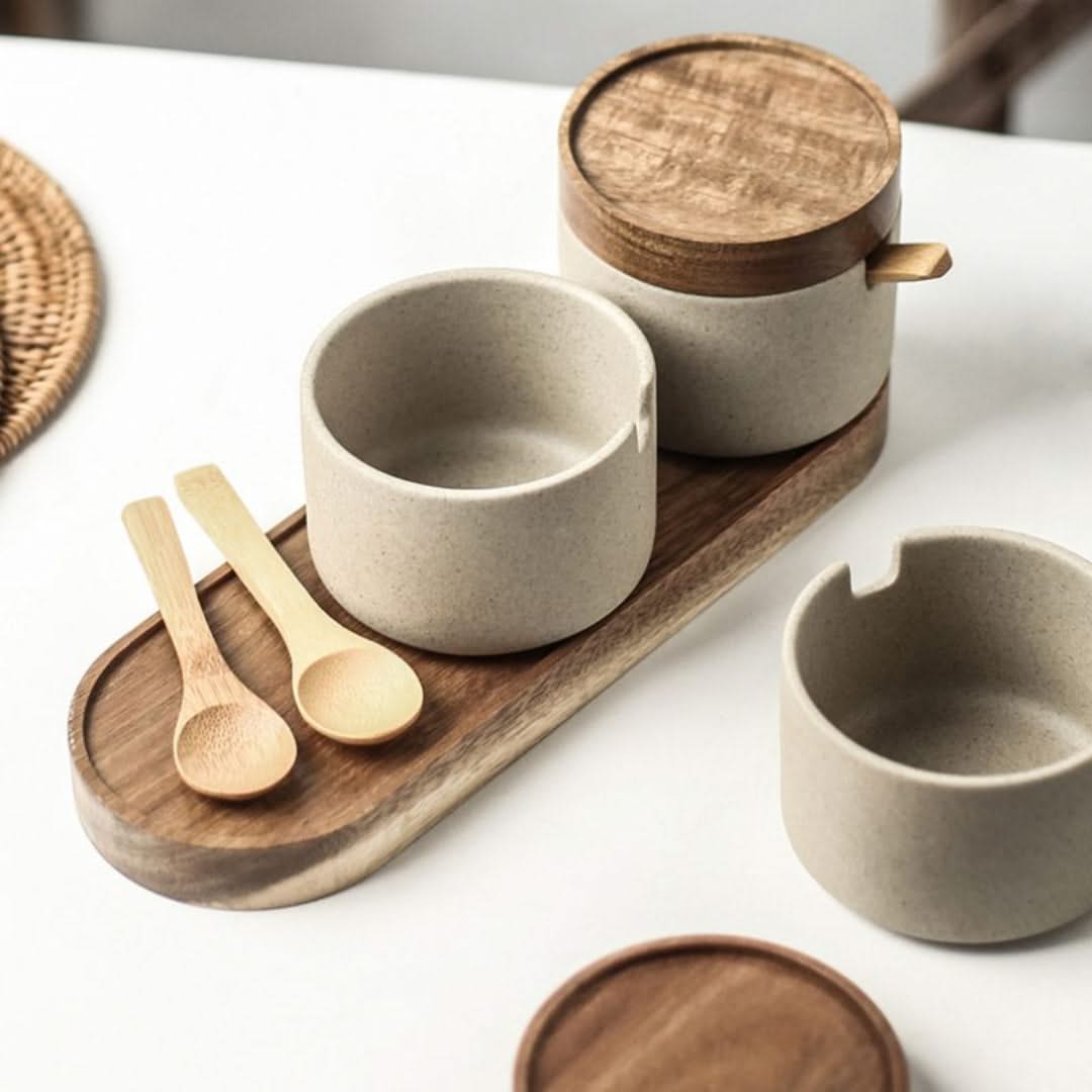 Ceramic Seasoning Canisters with Bamboo Lids & Wooden Spoons – Kitchen Counter Organizer for Salt, Sugar & Spice Storage | Thomler