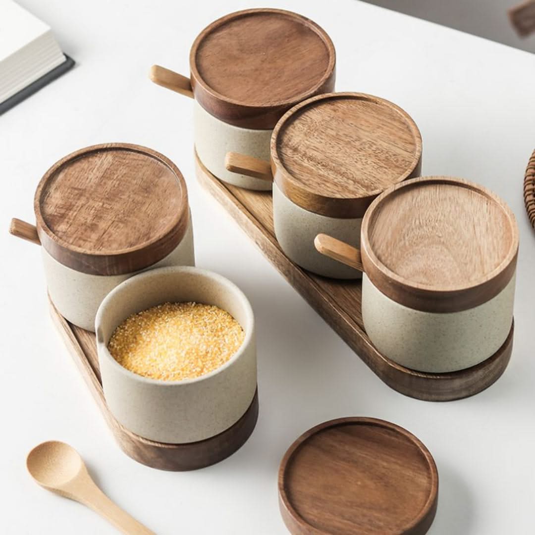 Ceramic Seasoning Canisters with Bamboo Lids & Wooden Spoons – Kitchen Counter Organizer for Salt, Sugar & Spice Storage | Thomler