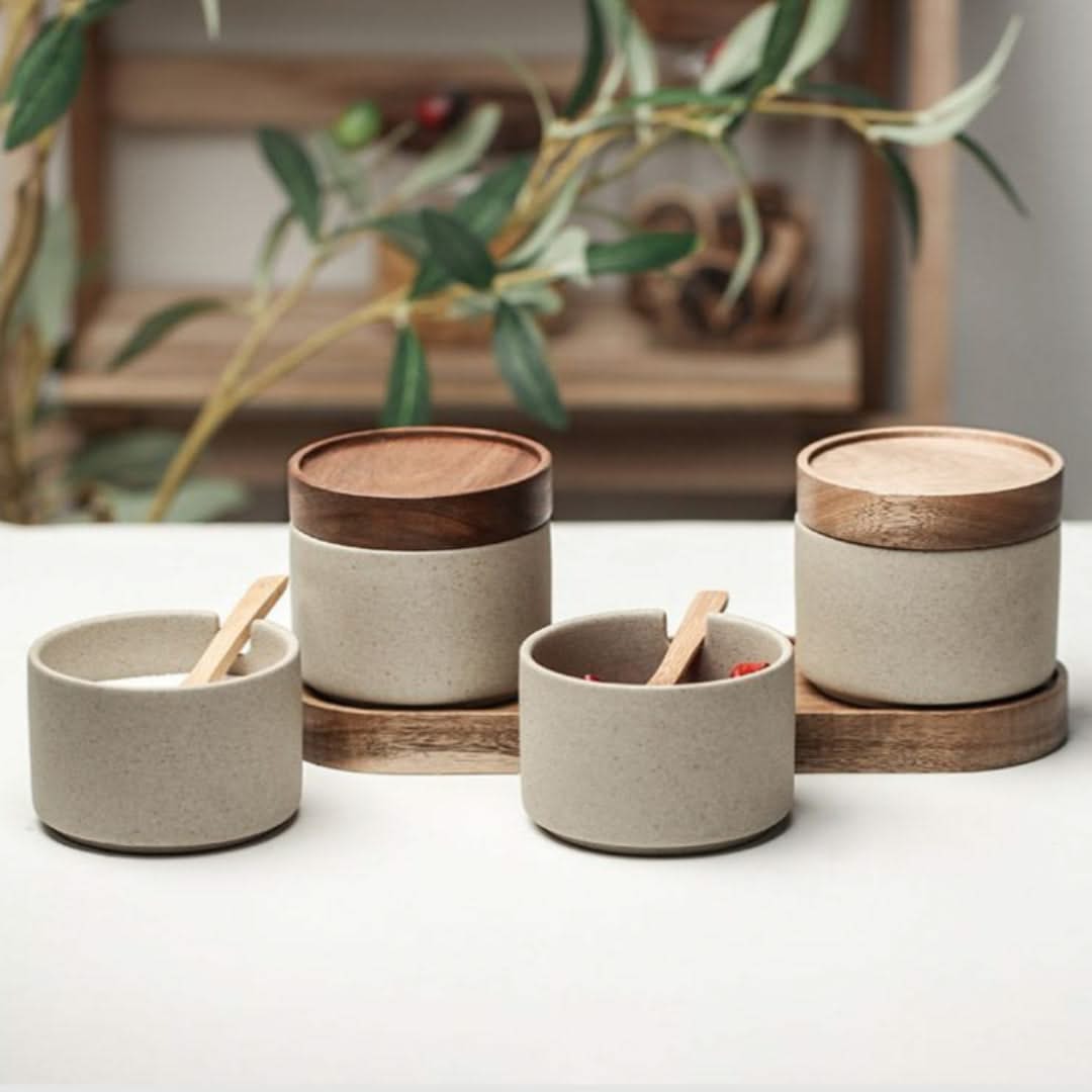 Ceramic Seasoning Canisters with Bamboo Lids & Wooden Spoons – Kitchen Counter Organizer for Salt, Sugar & Spice Storage | Thomler