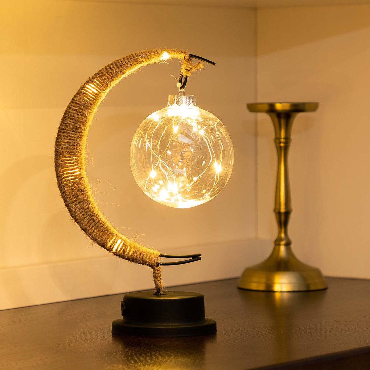Glass Moon Table Lamp with Warm LED Glow – Battery Operated Crescent Accent Light for Bedroom, Living Room & Nightstand | Thomler