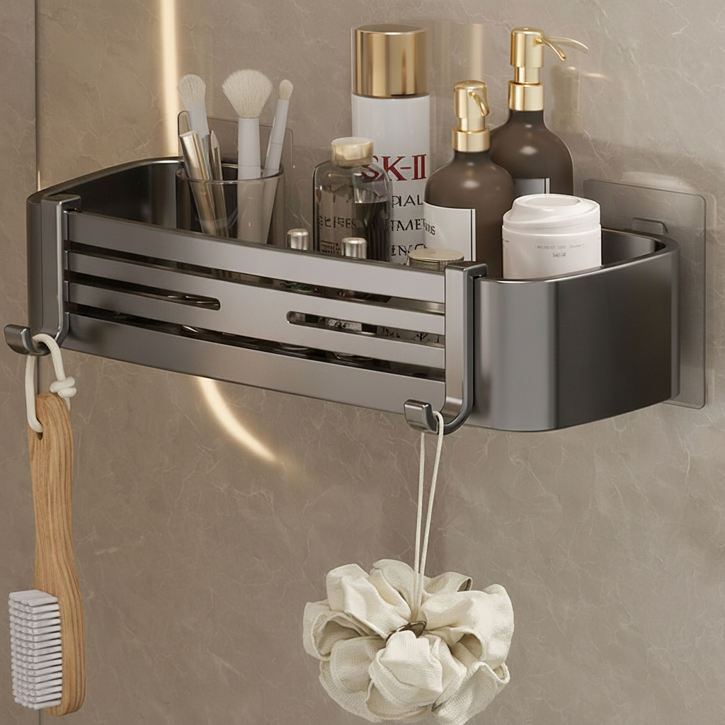 Drill-Free Aluminum Shower Caddy with Adhesive Mount – Rust-Resistant Storage Organizer for Toiletries, Shampoo & Bathroom Essentials | Thomler