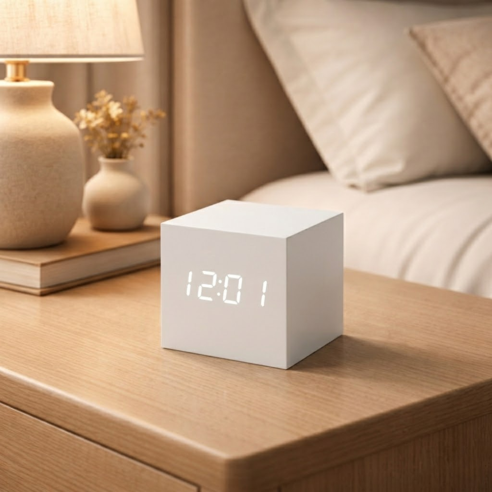 Wooden LED Alarm Clock with Sound-Activated Display – Compact Cube for Bedroom & Office | Thomler