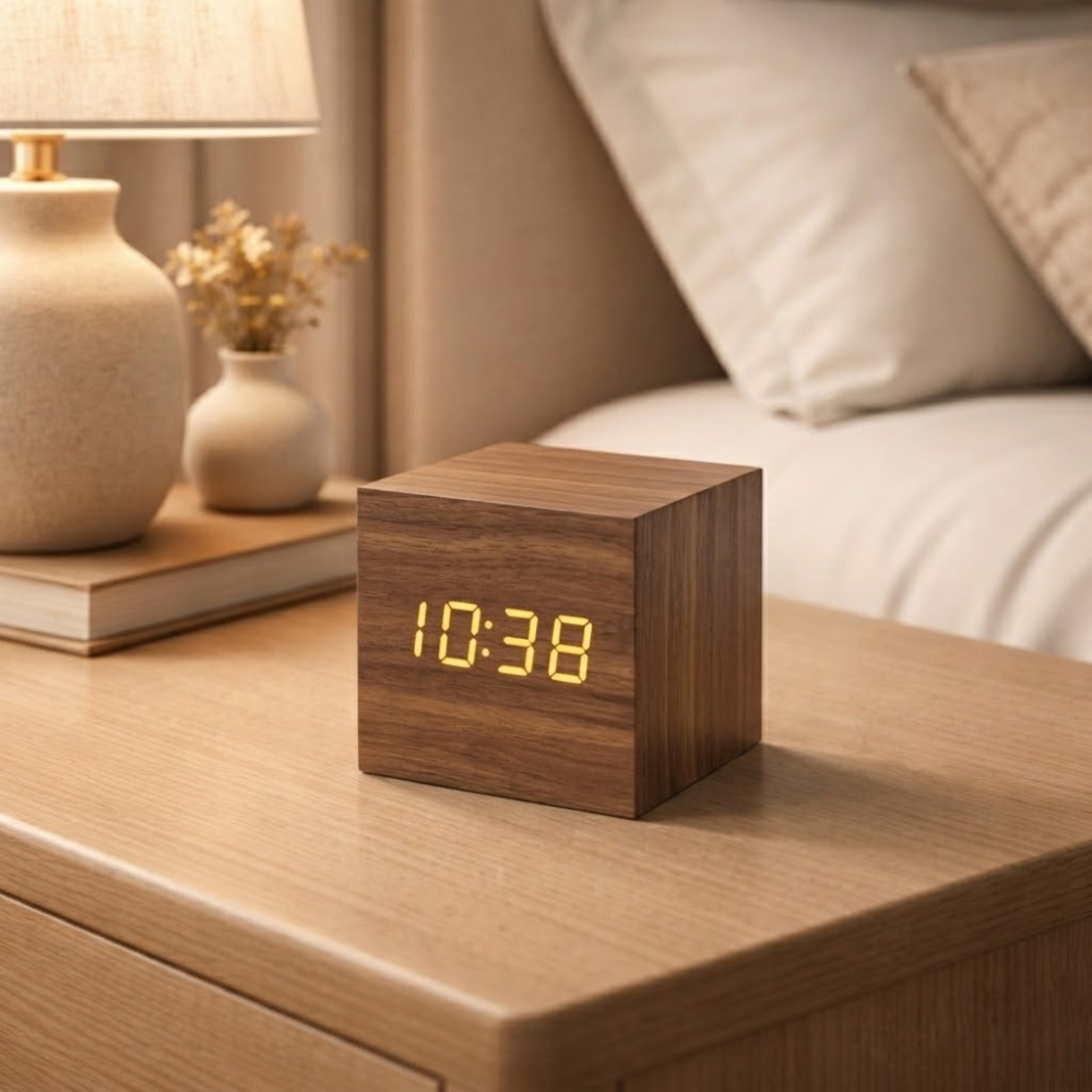 Wooden LED Alarm Clock with Sound-Activated Display – Compact Cube for Bedroom & Office | Thomler