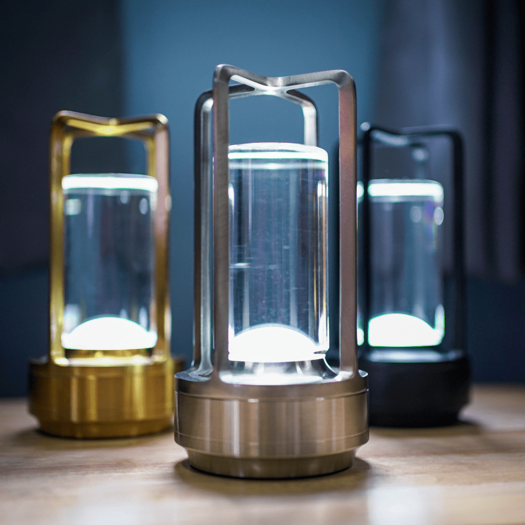 Rechargeable Crystal LED Lantern with Touch Dimmer & USB Port – Gold Silver Black Cordless Accent Lamp for Bedroom Nightstand Dining Table | Thomler