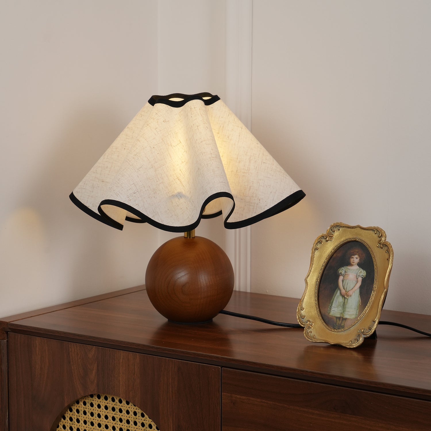 Table Lamp Wood 11.8 in (30.0 cm) Fabric Shade Indoor Desk Bedside Nightstand Light | Thomler