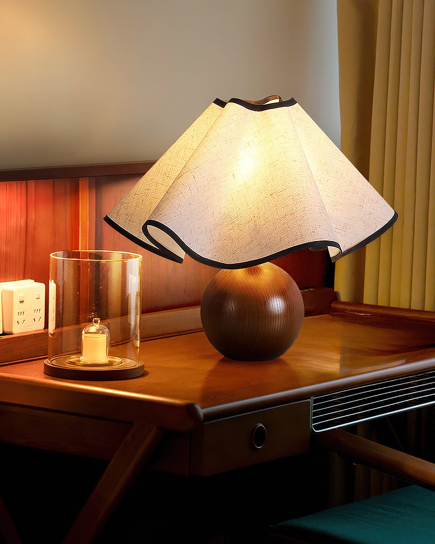 Table Lamp Wood 11.8 in (30.0 cm) Fabric Shade Indoor Desk Bedside Nightstand Light | Thomler