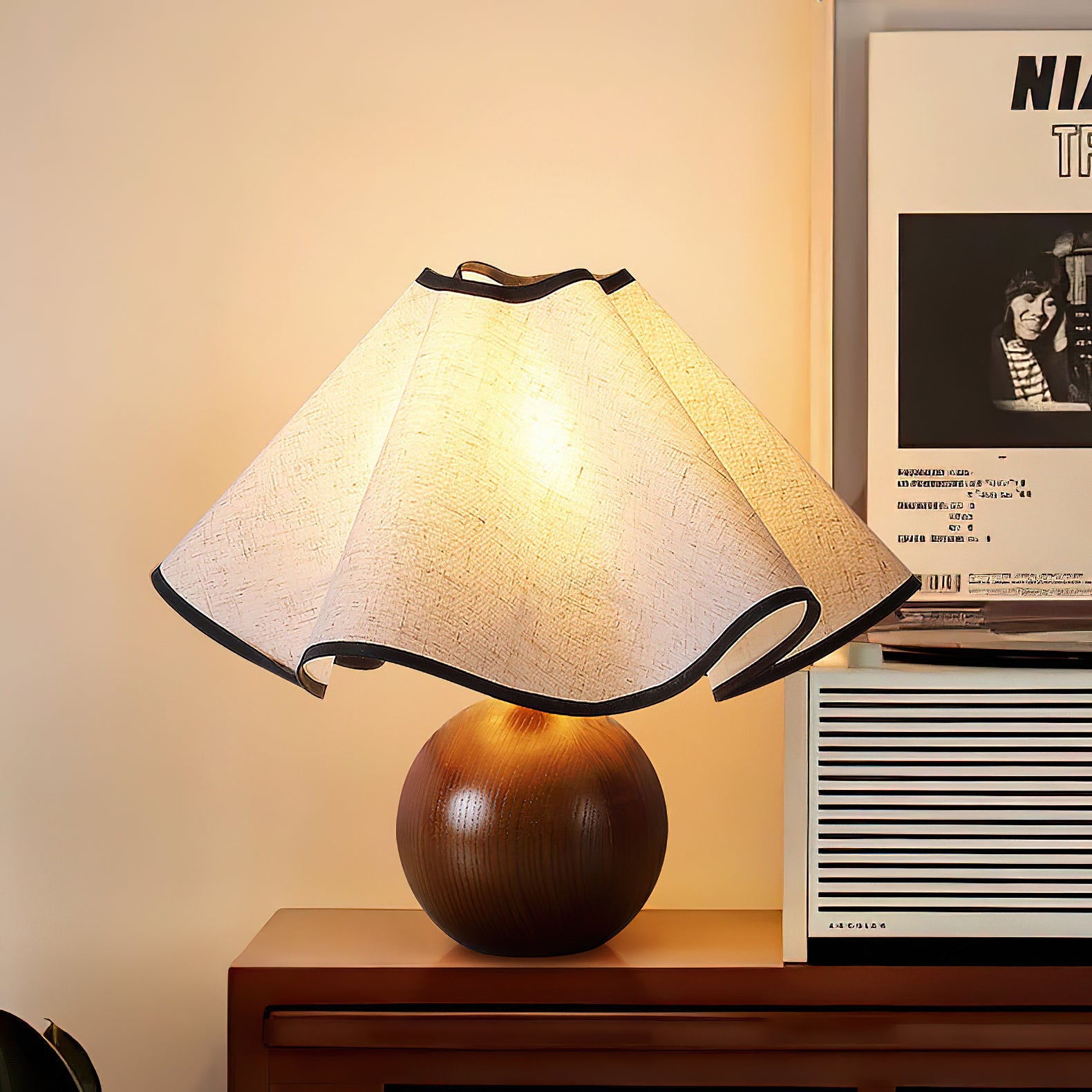 Table Lamp Wood 11.8 in (30.0 cm) Fabric Shade Indoor Desk Bedside Nightstand Light | Thomler