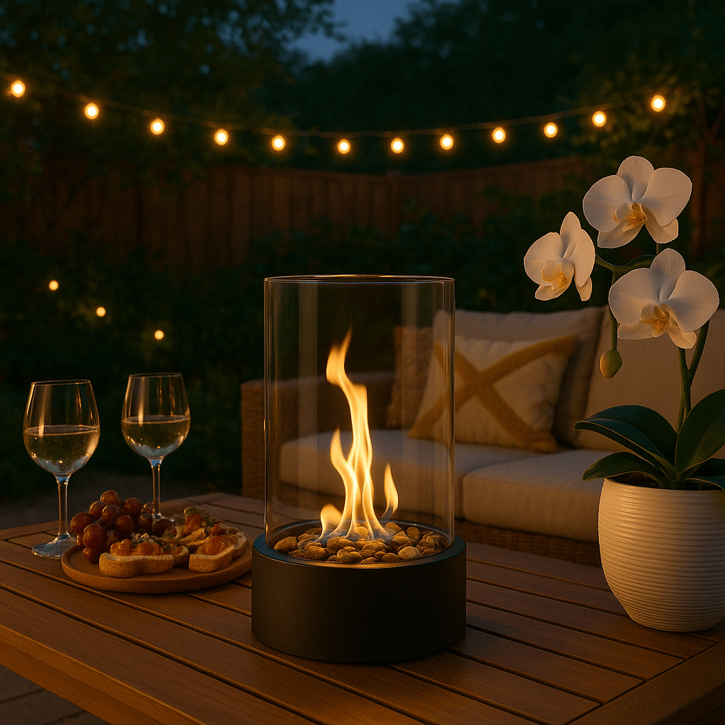 Tabletop Bioethanol Fireplace with Real Flame | Smokeless Indoor Outdoor Fire Bowl | Scandinavian Glass & Metal Table Fire Pit | Modern | Thomler
