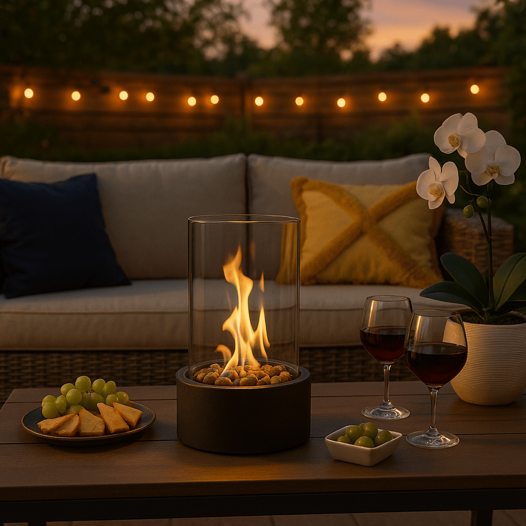 Tabletop Bioethanol Fireplace with Real Flame | Smokeless Indoor Outdoor Fire Bowl | Scandinavian Glass & Metal Table Fire Pit | Modern | Thomler