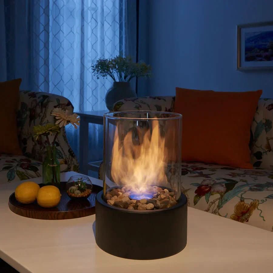 Tabletop Bioethanol Fireplace with Real Flame | Smokeless Indoor Outdoor Fire Bowl | Scandinavian Glass & Metal Table Fire Pit | Modern | Thomler
