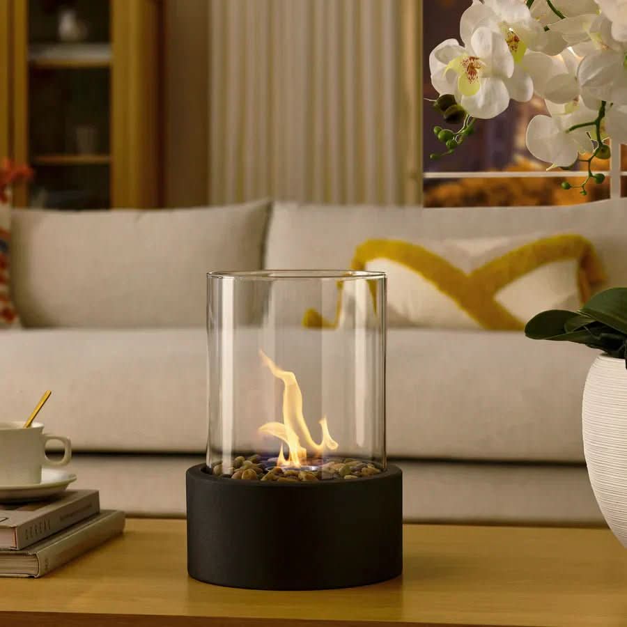 Tabletop Bioethanol Fireplace with Real Flame | Smokeless Indoor Outdoor Fire Bowl | Scandinavian Glass & Metal Table Fire Pit | Modern | Thomler