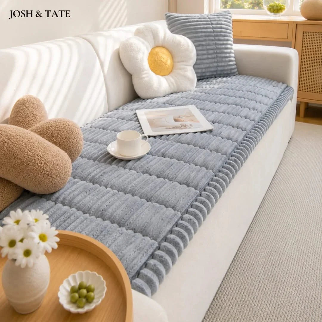 Ribbed Plush Couch Throw Blanket | Non-Slip Quilted Furniture Cover for Sofa, Loveseat & Sectional | Machine Washable | Thomler