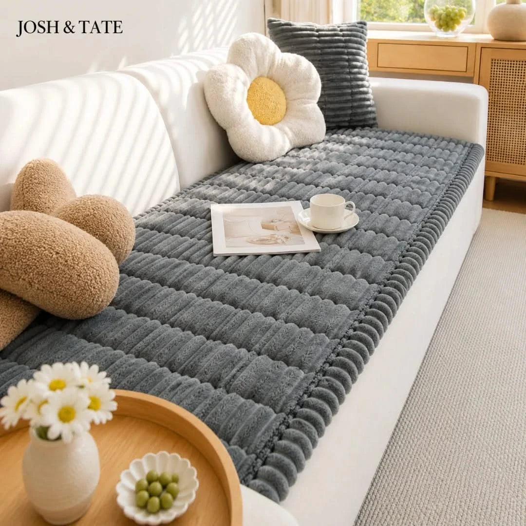 Ribbed Plush Couch Throw Blanket | Non-Slip Quilted Furniture Cover for Sofa, Loveseat & Sectional | Machine Washable | Thomler