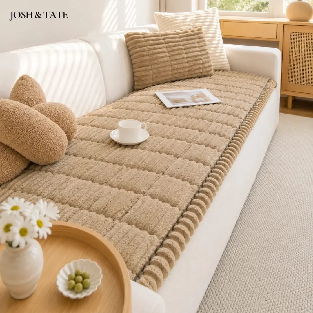Ribbed Plush Couch Throw Blanket | Non-Slip Quilted Furniture Cover for Sofa, Loveseat & Sectional | Machine Washable | Thomler