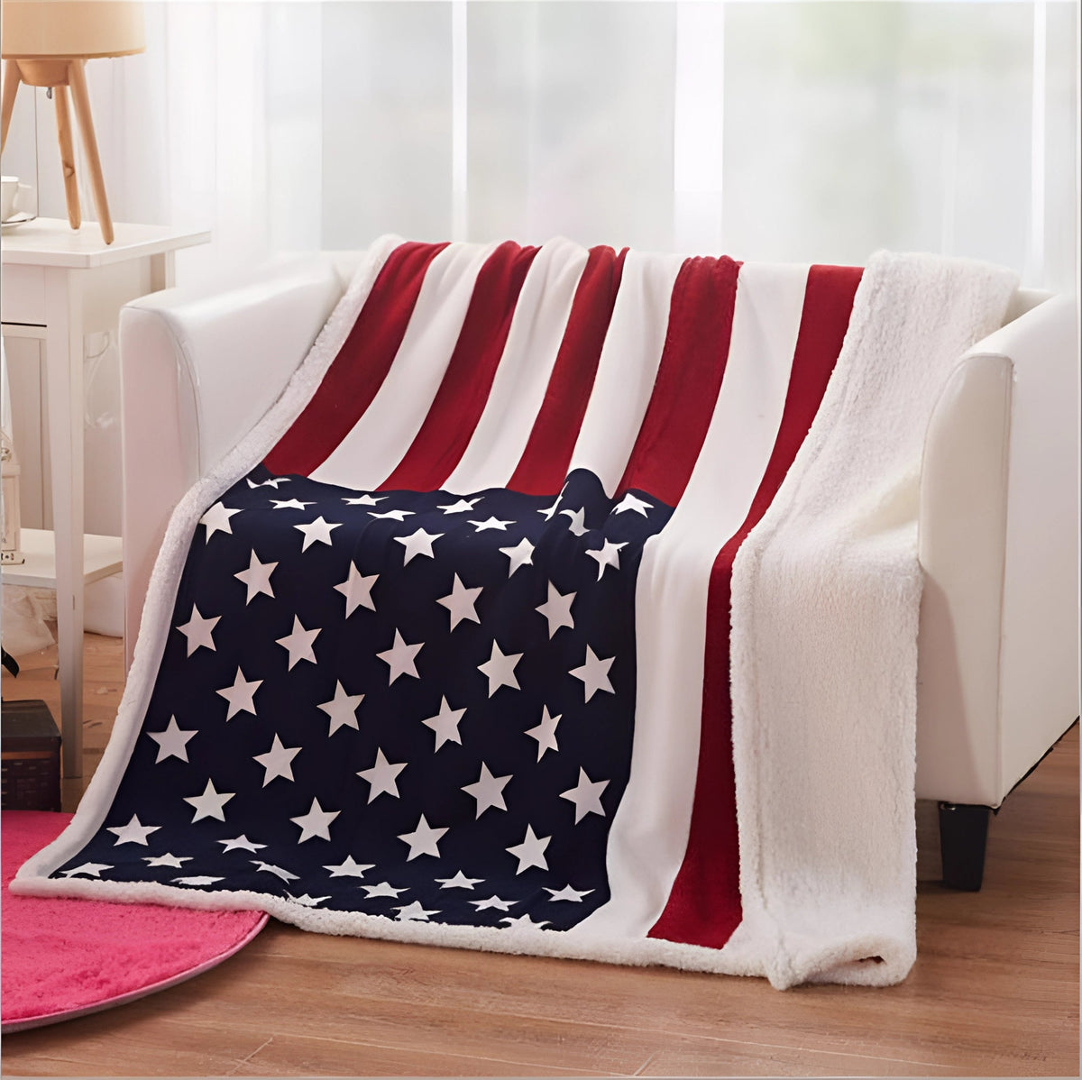 Stars and Stripes Throw Blanket with Sherpa Fleece Reverse – Microfiber Velvet Polyester for Couch, Bed & Camping | Thomler