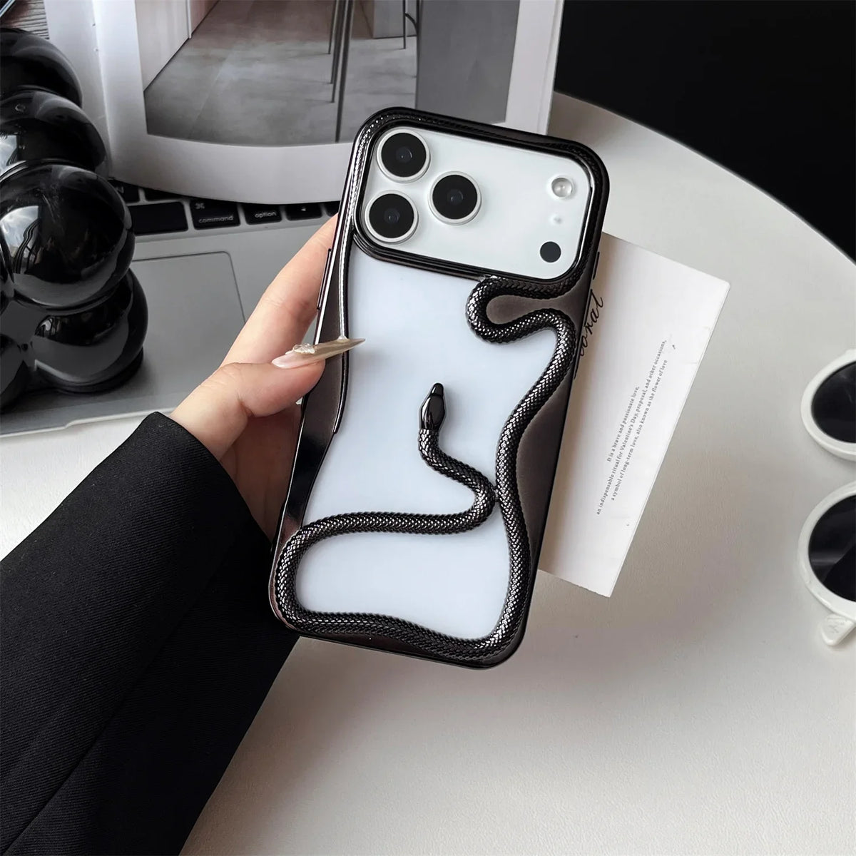 Serpent-Embossed Protective iPhone Case with Raised Edges for 12-17 Models – Shock-Absorbing Hard Shell with Metallic or Matte Finish | Thomler