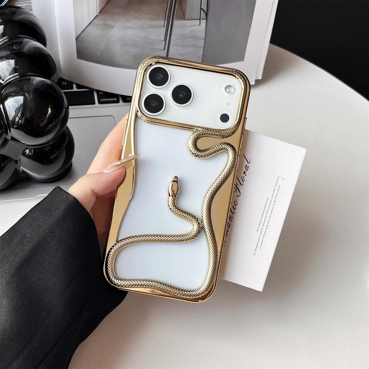 Serpent-Embossed Protective iPhone Case with Raised Edges for 12-17 Models – Shock-Absorbing Hard Shell with Metallic or Matte Finish | Thomler