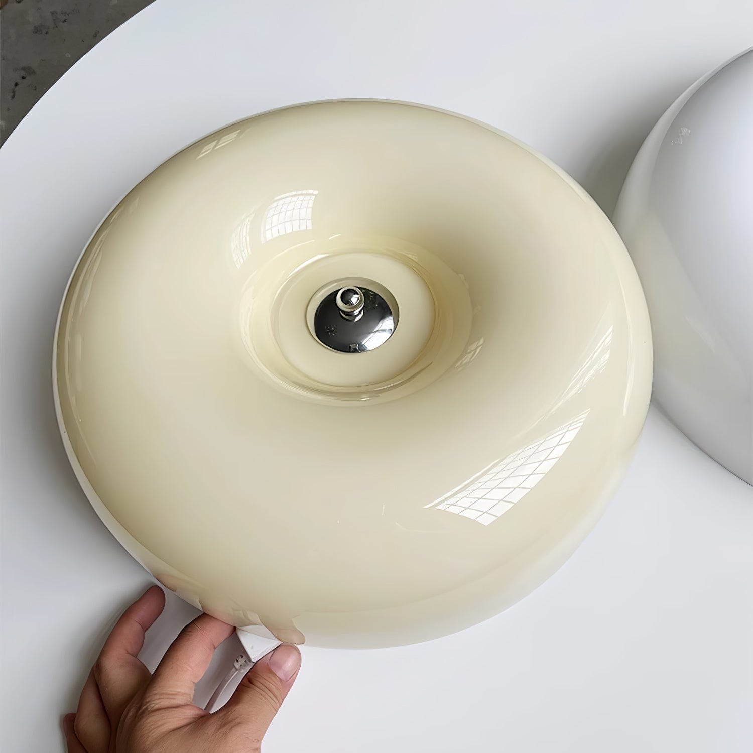 Ceiling Light Glass 15.7 in Cream Indoor Ambient Lighting Round Flush Mount Lamp | Thomler