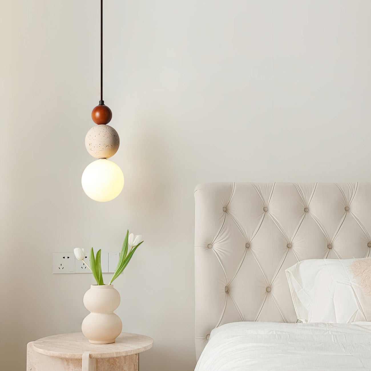 Pendant Light Stone 4.7 in Cream LED Bedside Bedroom Hanging Ambient Minimalist Ceiling Lamp | Thomler