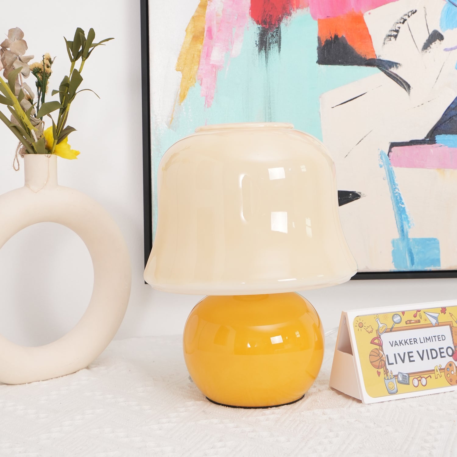 Table Lamp Enamel Glass 11.4 in Beige Indoor Decorative Bedroom Living Room Accent Light | Thomler