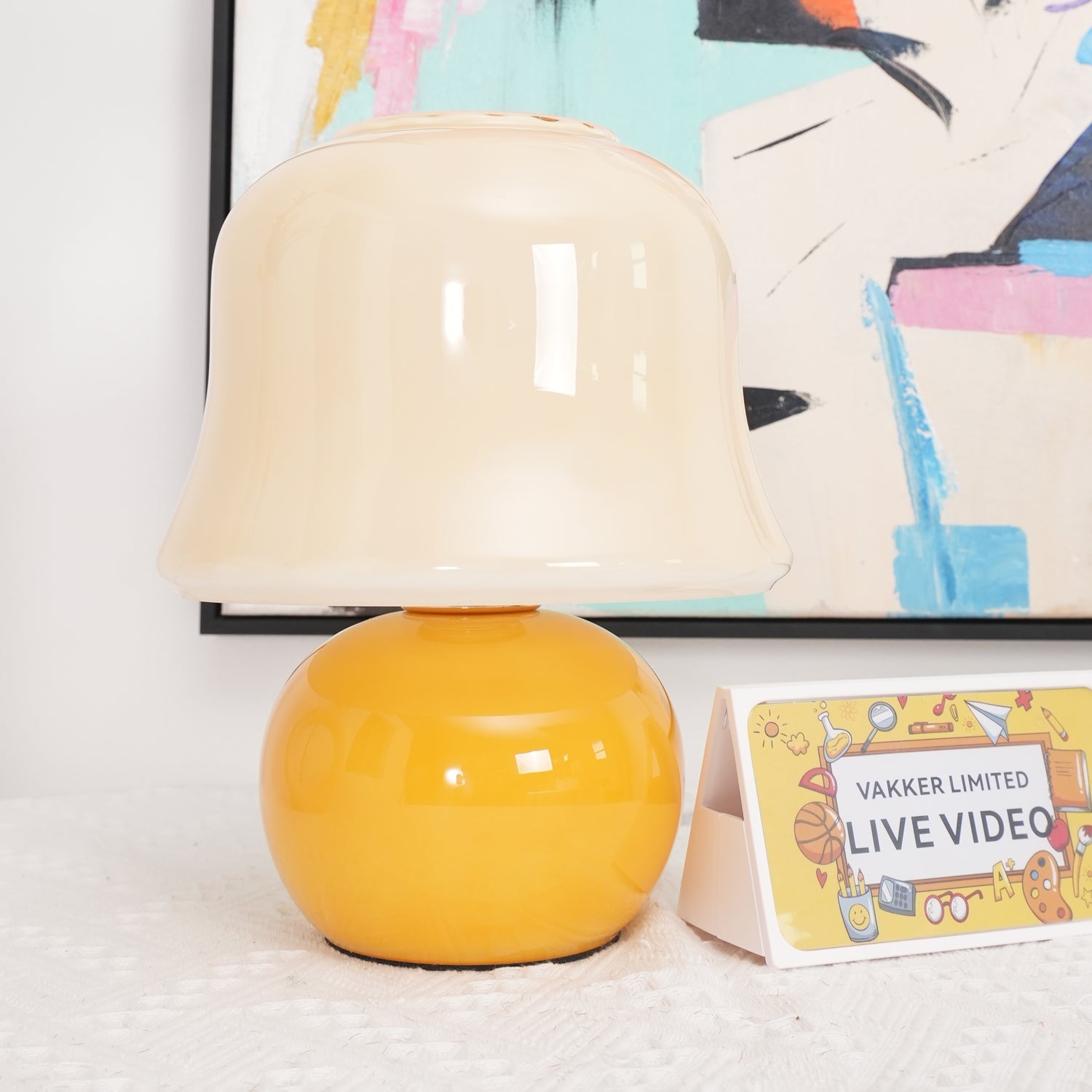 Table Lamp Enamel Glass 11.4 in Beige Indoor Decorative Bedroom Living Room Accent Light | Thomler