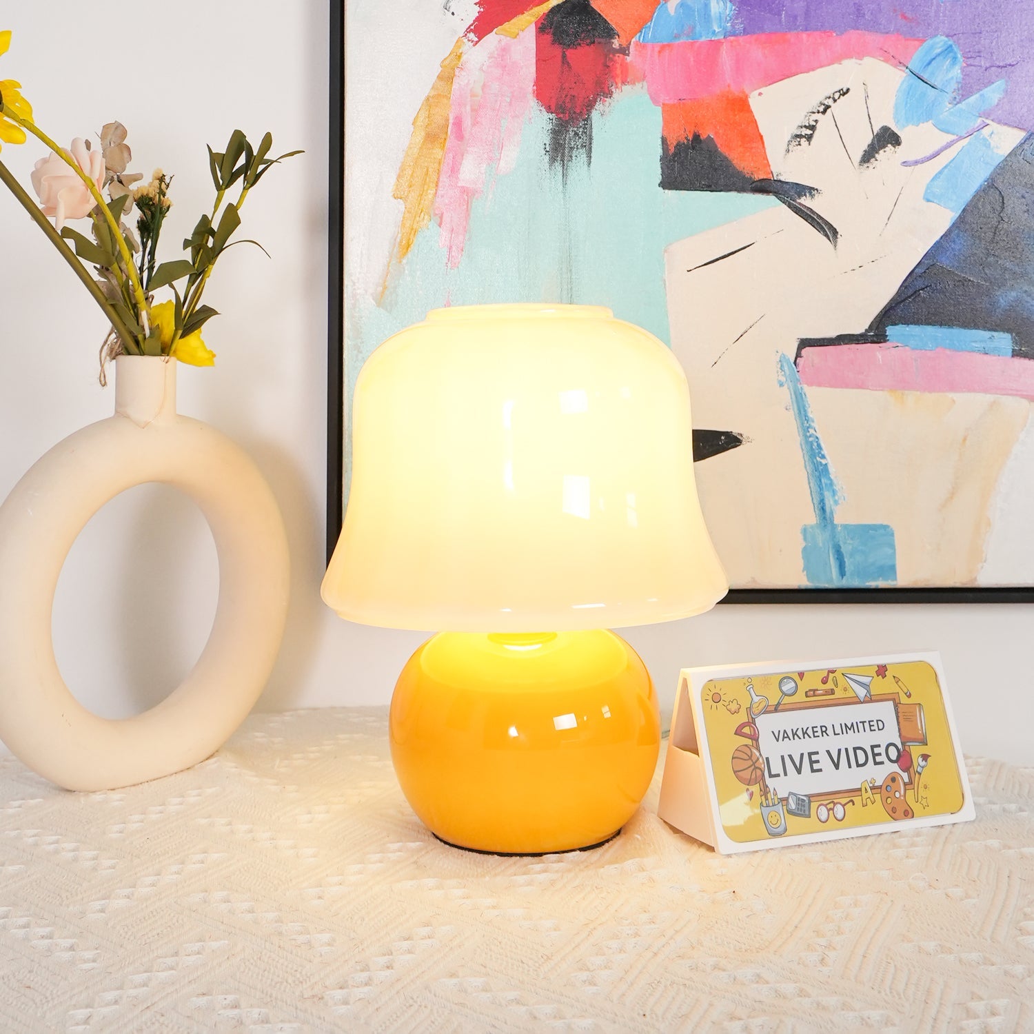 Table Lamp Enamel Glass 11.4 in Beige Indoor Decorative Bedroom Living Room Accent Light | Thomler