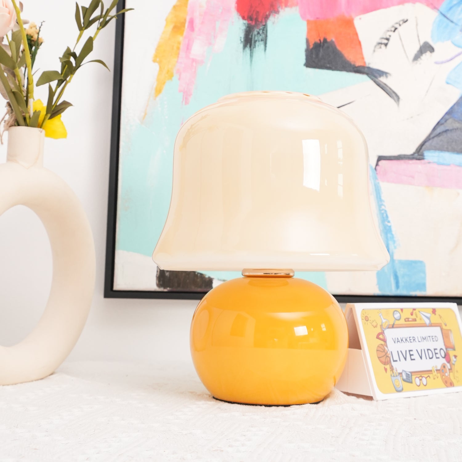 Table Lamp Enamel Glass 11.4 in Beige Indoor Decorative Bedroom Living Room Accent Light | Thomler