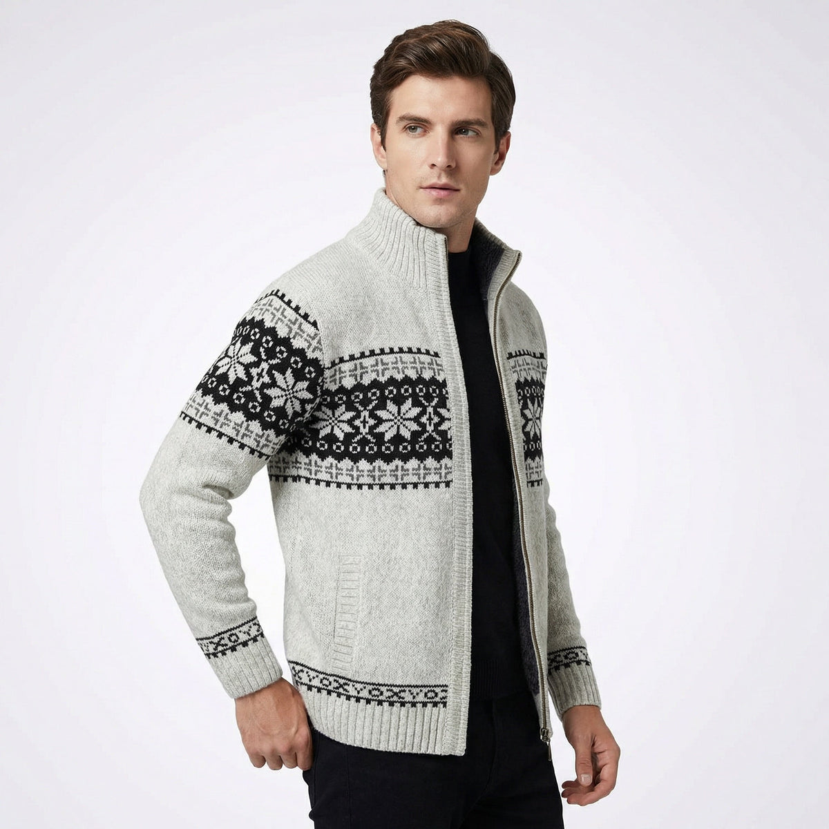 Men's Alpine Sweater Jacket – Full-Zip Cardigan with Stand-Up Collar & Fair Isle Pattern for Layering | Thomler