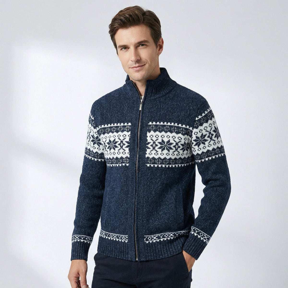 Men's Alpine Sweater Jacket – Full-Zip Cardigan with Stand-Up Collar & Fair Isle Pattern for Layering | Thomler