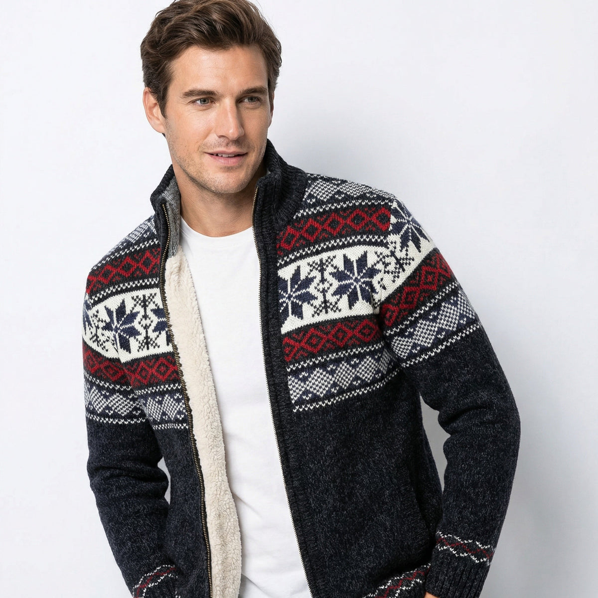 Men's Alpine Sweater Jacket – Full-Zip Cardigan with Stand-Up Collar & Fair Isle Pattern for Layering | Thomler