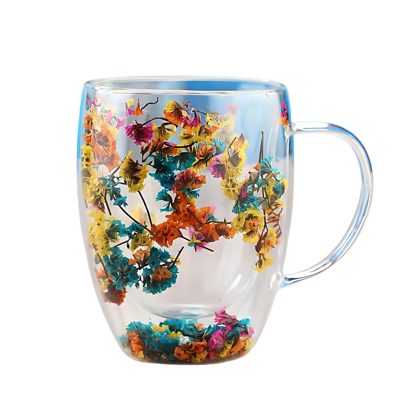 Double Wall Glass Coffee Mug with Real Dried Flowers – Insulated Cappuccino Cup for Hot & Cold Drinks, 10.5 oz Borosilicate Glass Tea Mug | Thomler