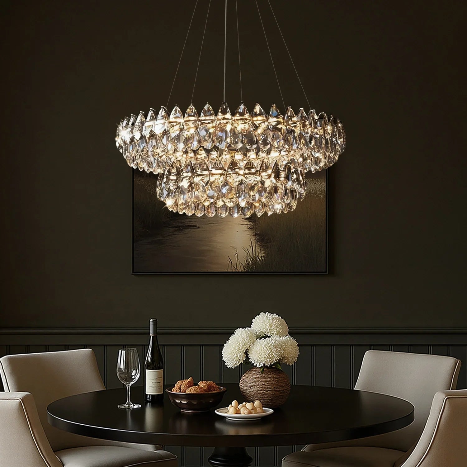 Chandelier Crystal Double Ring 82.0 cm Chrome Living Room Dining Room LED Water Drop Ceiling Light Adjustable Hanging Fixture | Thomler