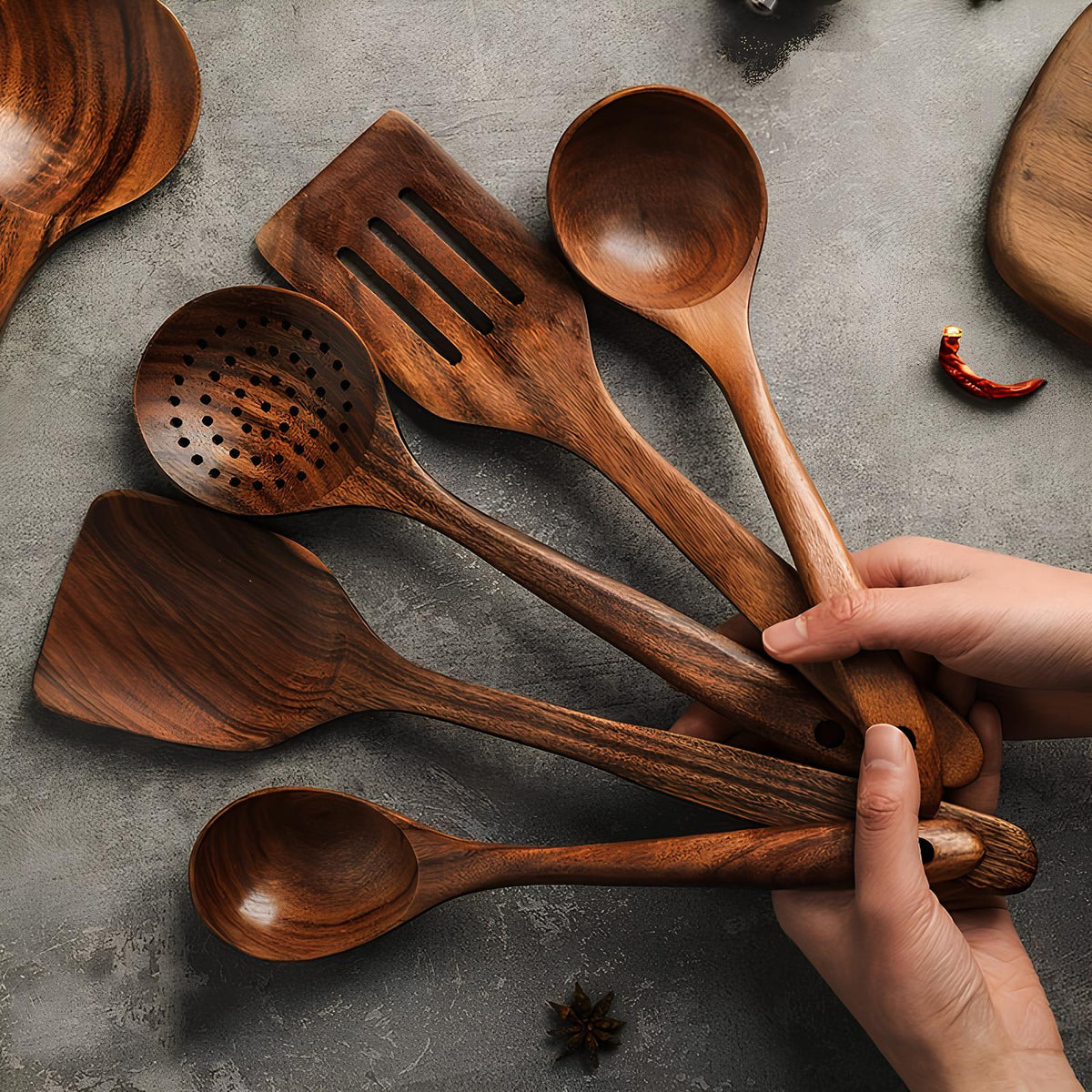 6-Piece Teak Wood Cooking Utensil Set – Natural Wooden Spatula, Ladle & Spoon Collection for Nonstick Cookware – Heat-Safe Kitchen Tools | Thomler