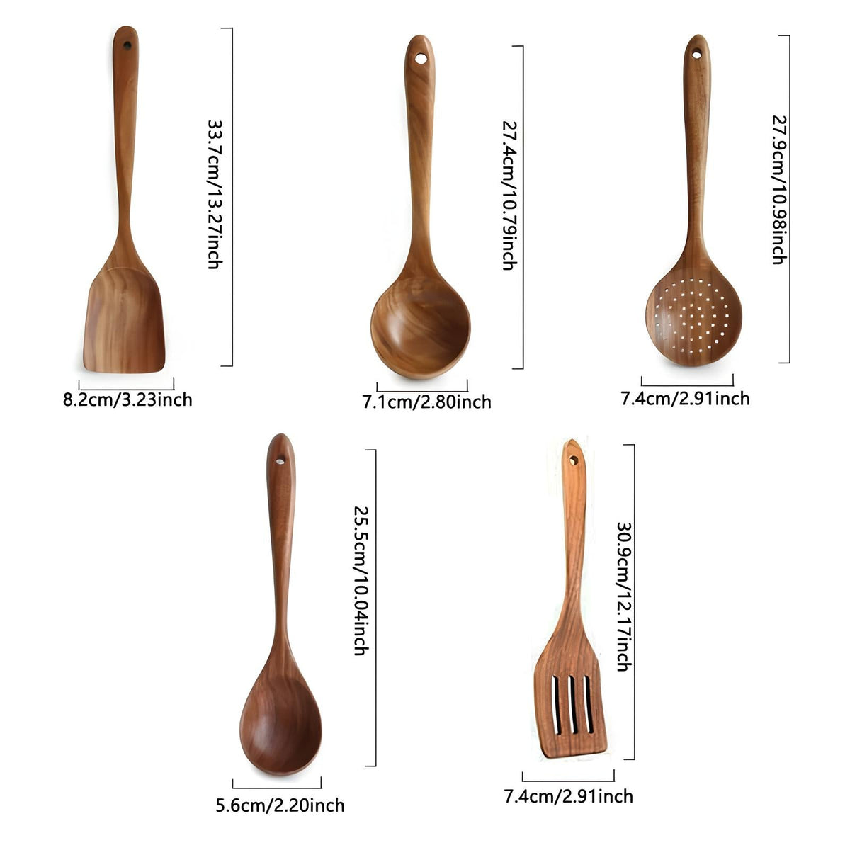 6-Piece Teak Wood Cooking Utensil Set – Natural Wooden Spatula, Ladle & Spoon Collection for Nonstick Cookware – Heat-Safe Kitchen Tools | Thomler