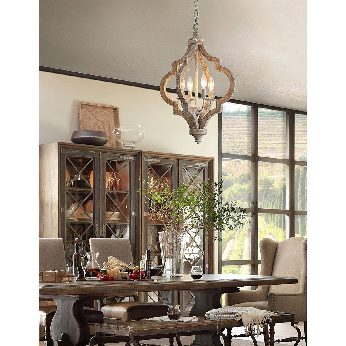 Rustic Timber Ceiling Fixture – 4-Light Adjustable Hanging Pendant with Reclaimed Wood Frame for Dining Room & Farmhouse Style Homes | Thomler