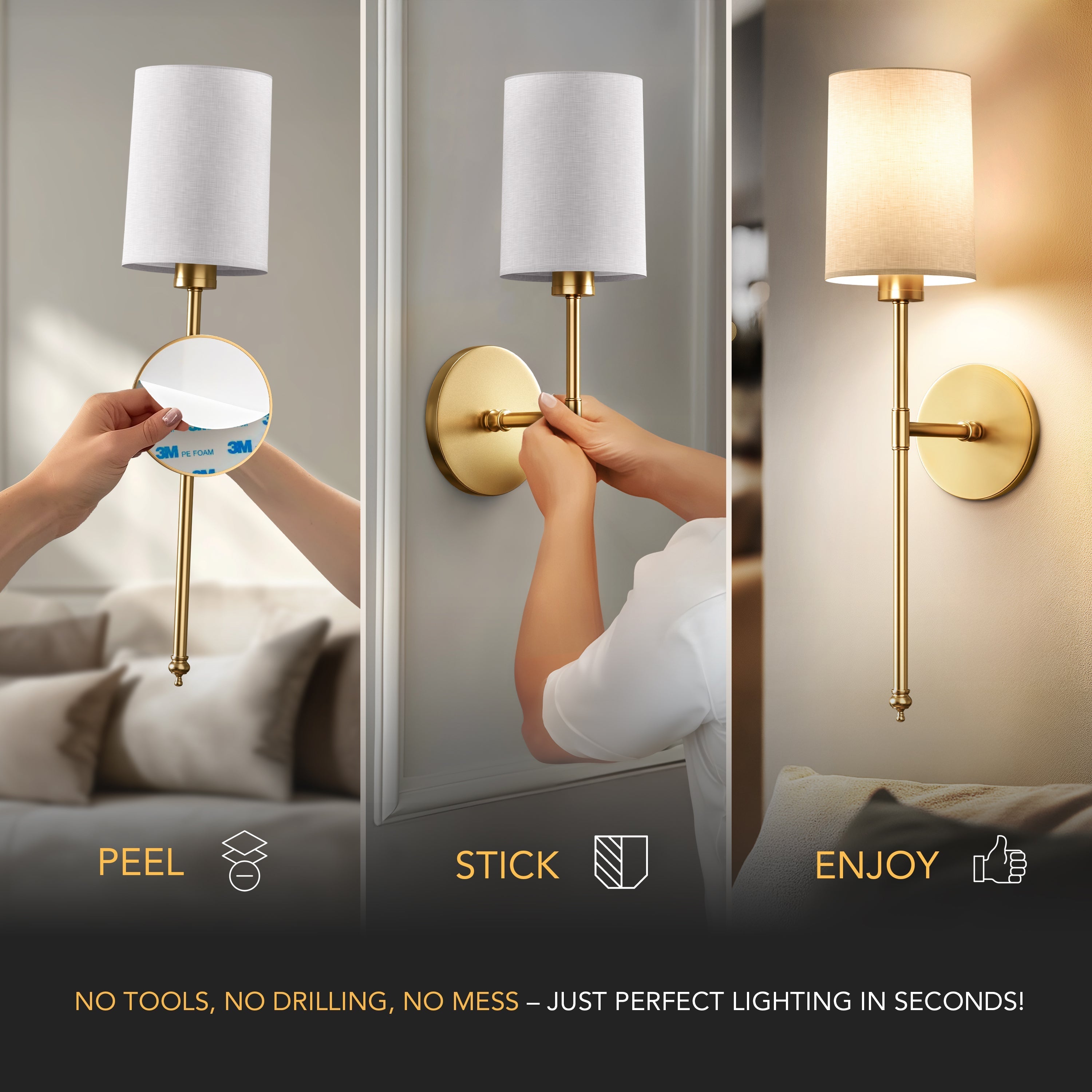 Wall Lamp Linen Cylinder Shade 51.5 cm Gold Bedroom Wireless Dimmable RGB Reading Light Set Of 2 | Thomler